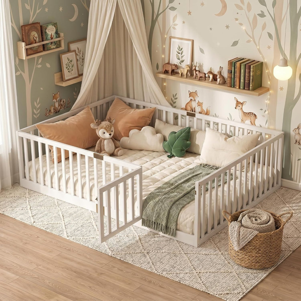 Montessori Floor Bed with High Safety Fence, Solid Rubber Wood Kids Floor Bed Frame with Guardrails and 6