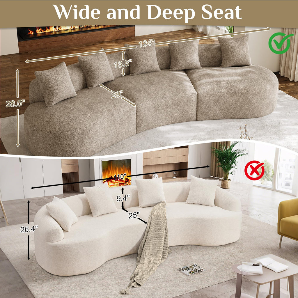 134" Oversized Sectional Sofa, Modern Luxury Plush Chenille 4-Seater Extra Deep & Wide Seat Curved Cloud Couch with