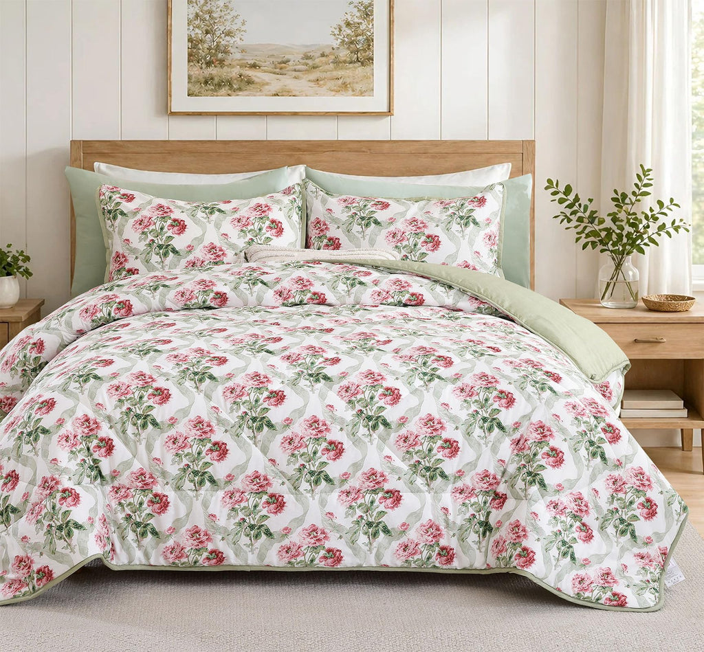 French Country Floral Cotton Queen Comforter Set 3 Piece - Blush Peony Botanical with Sage Leaves & Ribbon on White