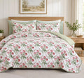 French Country Floral Cotton Queen Comforter Set 3 Piece - Blush Peony Botanical with Sage Leaves & Ribbon on White