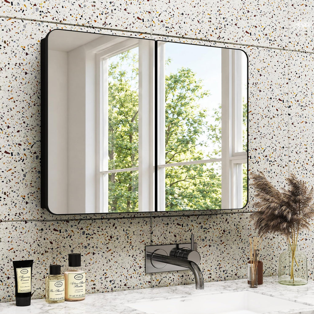 32x24 in Double Door Medicine Cabinet with Mirror, Matte Black | Fully Assembled; Recessed or Surface Wall Mount;