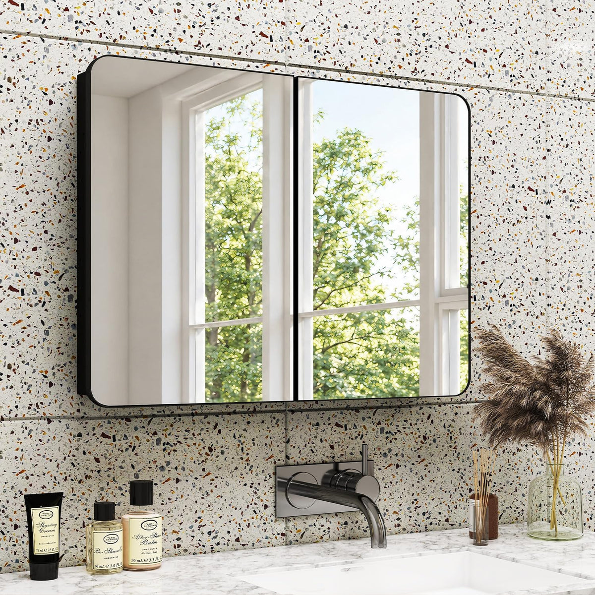 32x24 in Double Door Medicine Cabinet with Mirror, Matte Black | Fully Assembled; Recessed or Surface Wall Mount;