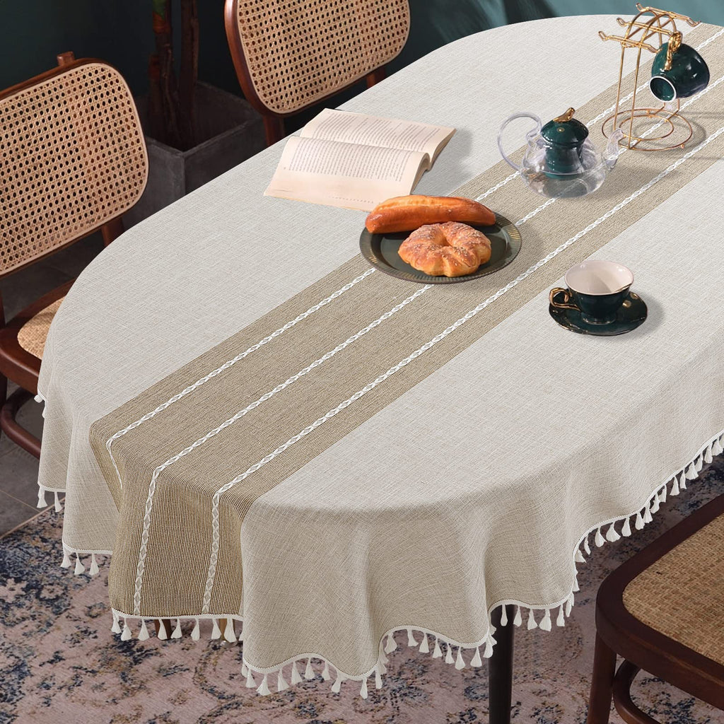 Solid Embroidery Oval Tablecloth with Tassels for Oval Table, 60 x 84 Inch Lace Dust-Proof Table Cover Dinning