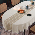 Solid Embroidery Oval Tablecloth with Tassels for Oval Table, 60 x 84 Inch Lace Dust-Proof Table Cover Dinning