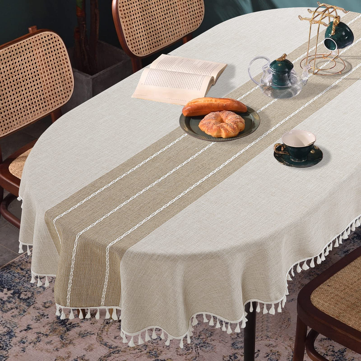 Solid Embroidery Oval Tablecloth with Tassels for Oval Table, 60 x 84 Inch Lace Dust-Proof Table Cover Dinning