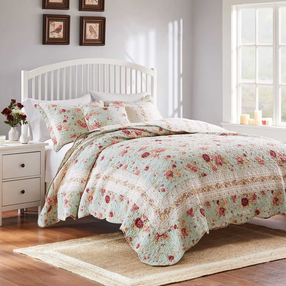Antique Rose 100% Cotton Heirloom-Quality Quilt Set, 5-Piece, Blue