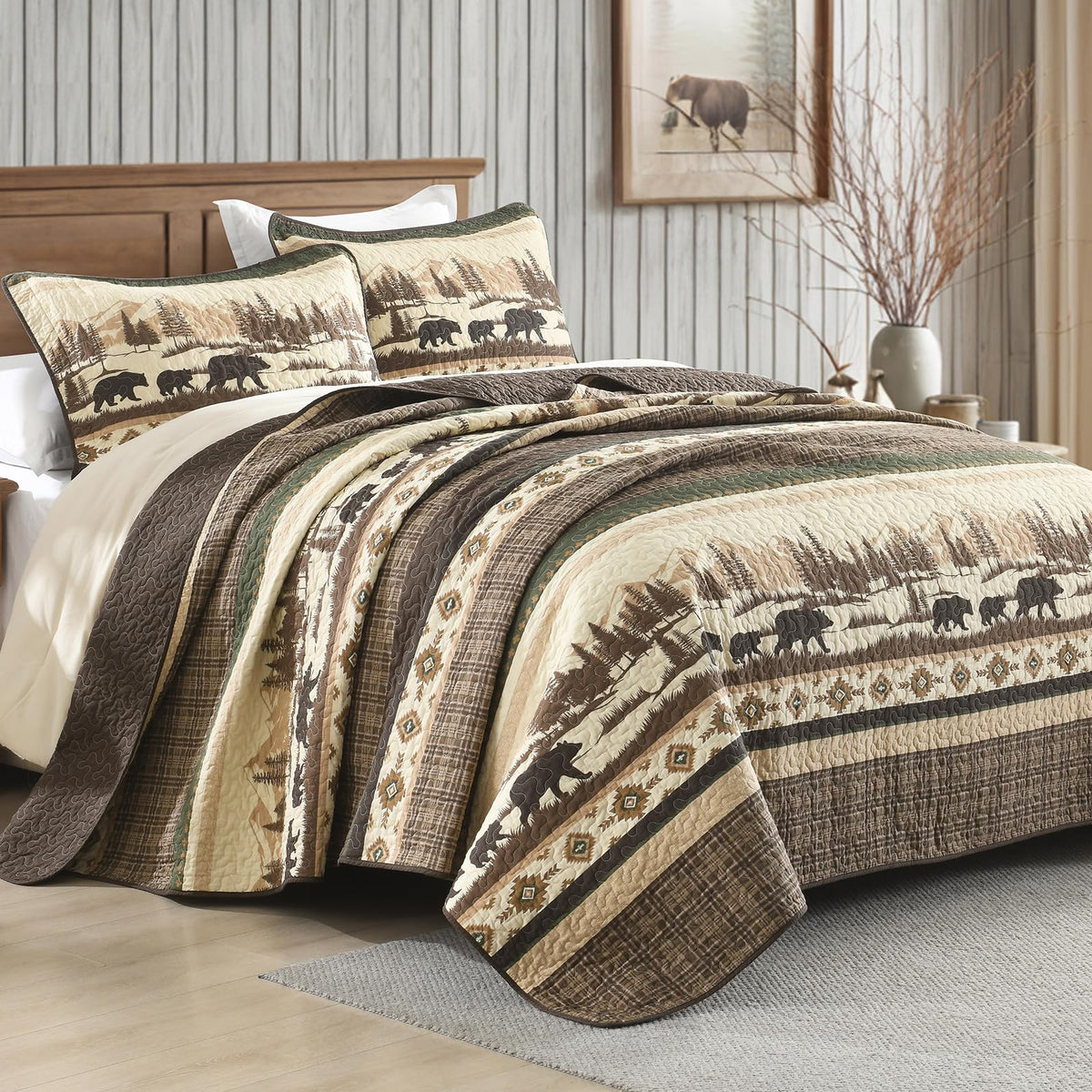 Cabin Quilt Set, 100% Cotton Farmhouse Bedspread, Forest Tree Brown Bear Deer Striped Patchwork Reversible