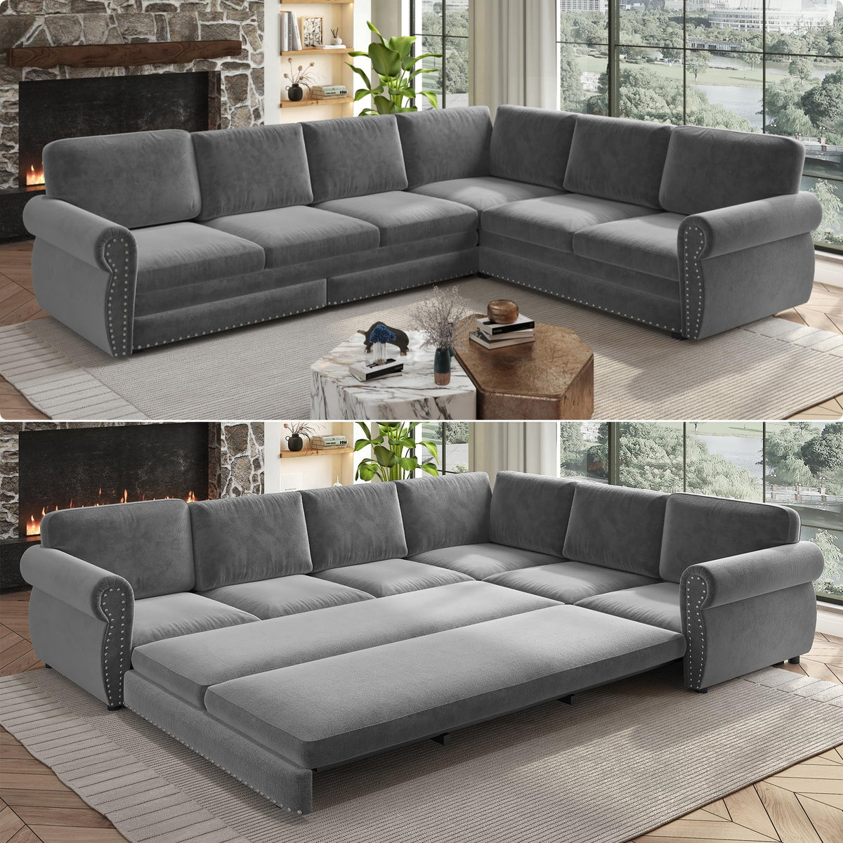 L-Shaped 6-Seat Sleeper Sectional Sofa Bed, Chenille Pull Out Couch