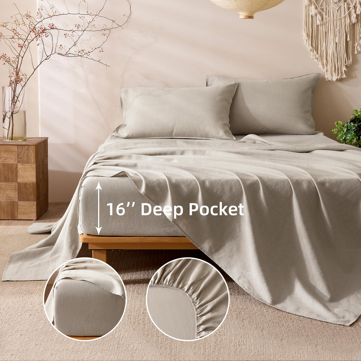 100% French Pure Linen Sheets Set 4-Piece, Oeko-Tex Certified 180 GSM Stone Washed All-Season Bedding for