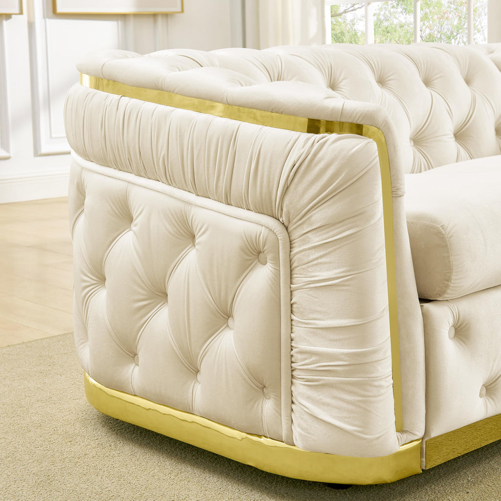 85" Luxury Oversized Chesterfield Sofa with 2 Pillow & Gold Stainless Decoration, Italian Modern Style 3-Seater