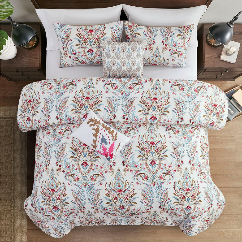 5-Piece Printed Comforter Set Marcel - Blue, Red & Olive Paisley Floral Bedding with Decorative Pillows & Shams, Soft