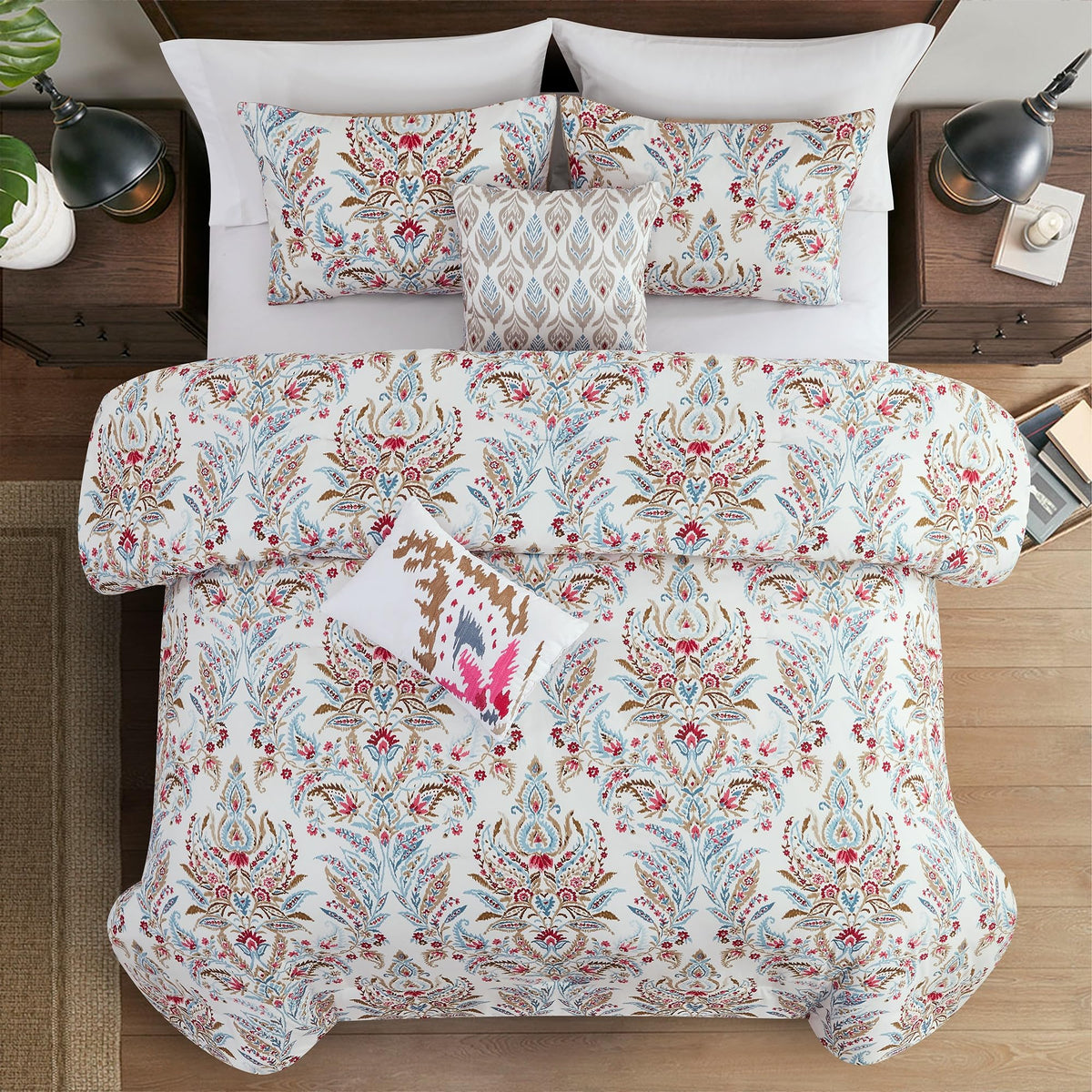 5-Piece Printed Comforter Set Marcel - Blue, Red & Olive Paisley Floral Bedding with Decorative Pillows & Shams, Soft