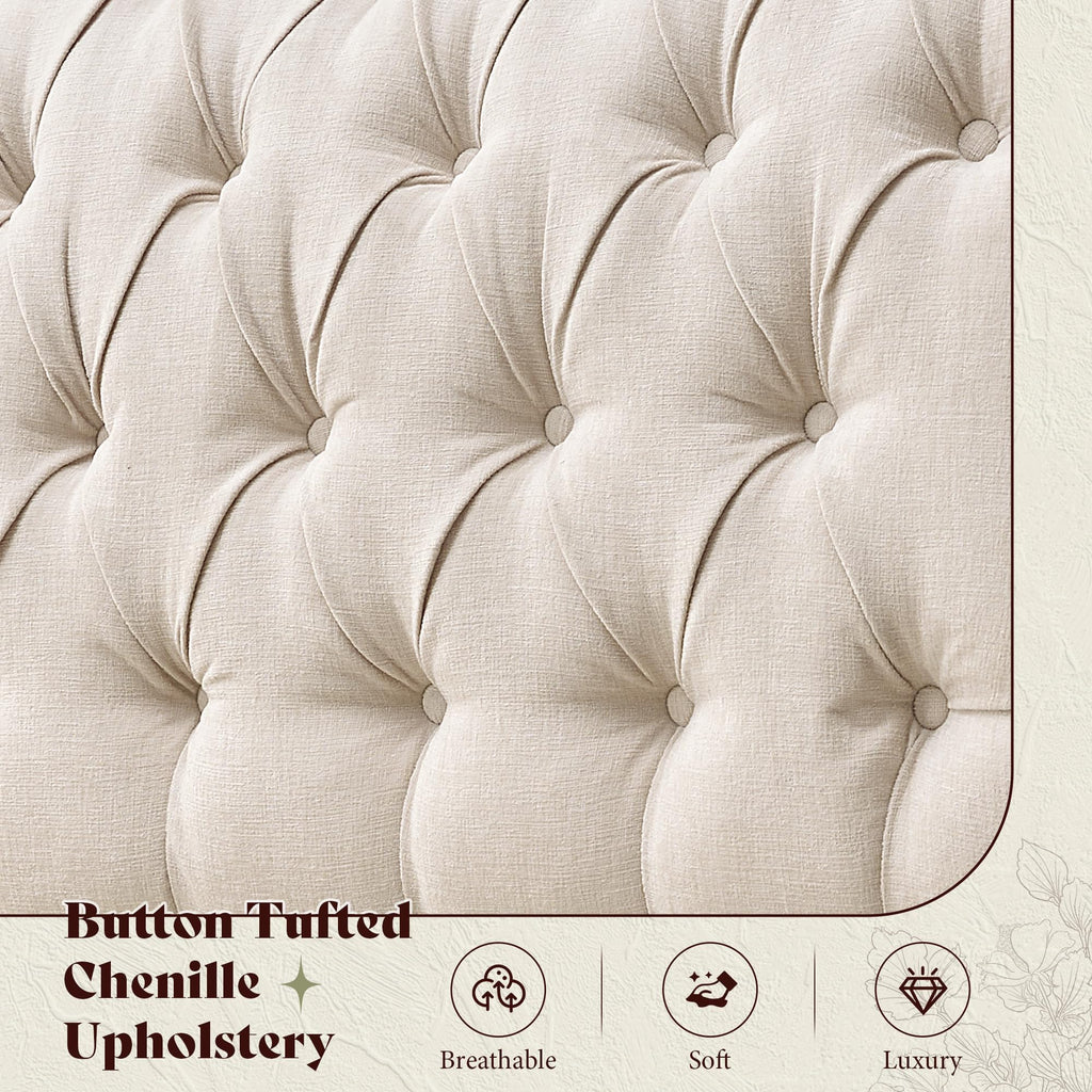 Sleigh Bed Frame, Upholstered Tufted Headboard, Cream