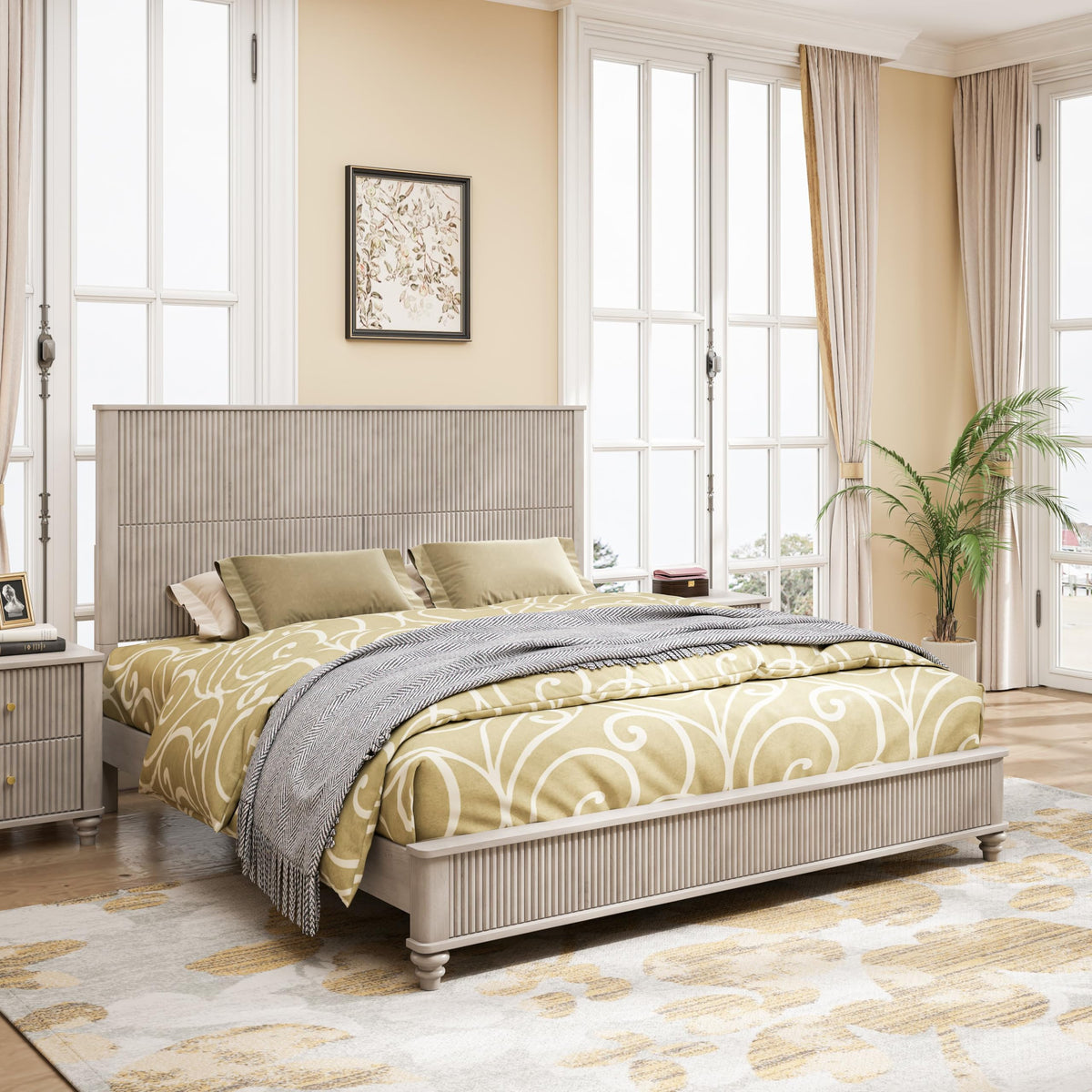 53.94" Tall Headboard Solid Wood Bed Frame, Low Profile Farmhouse Platform Bed with Wooden Slats, No Box Spring