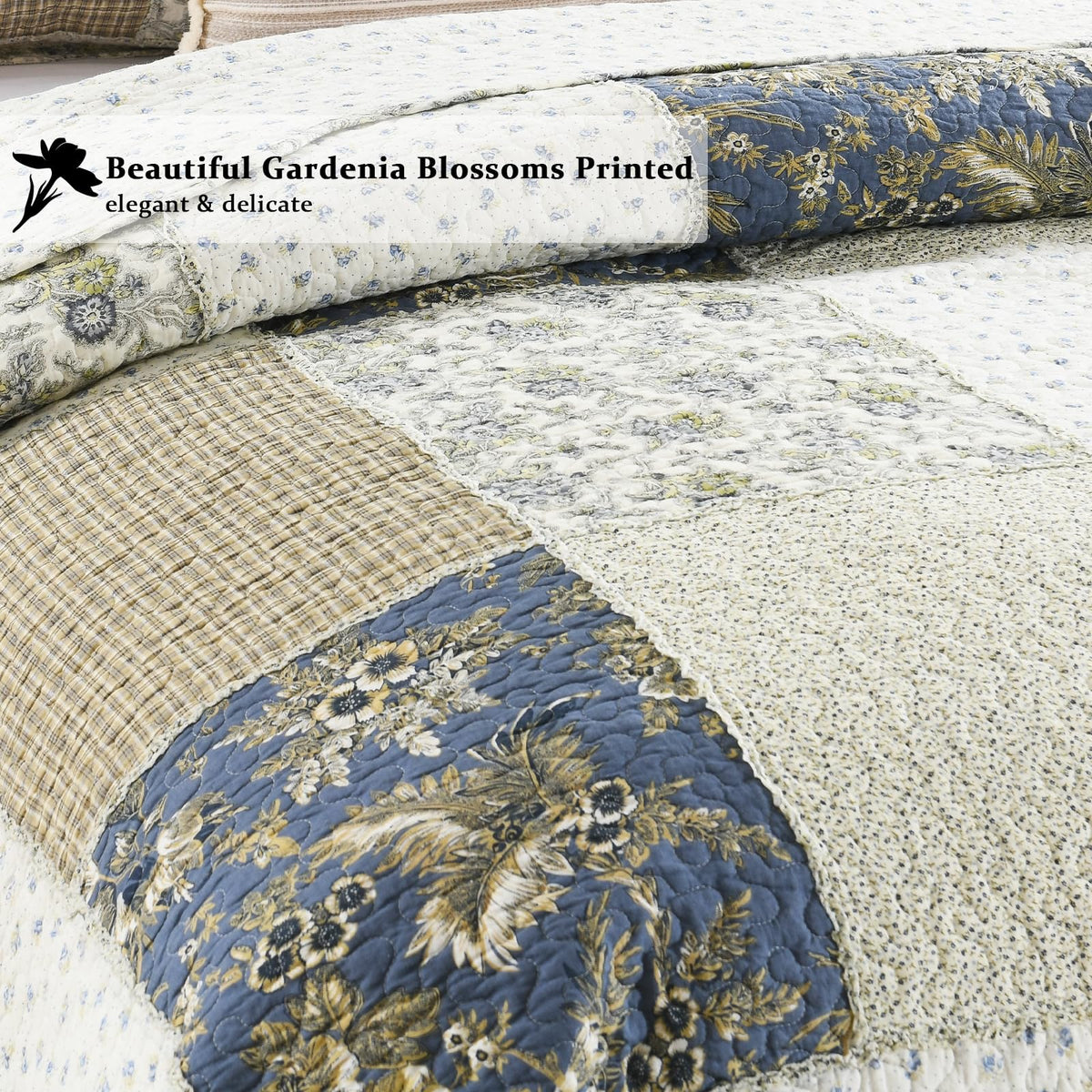 Quilt Set Reversible Country Farmhouse Floral Real Patchwork Quilted Bedspread 3-Piece Quilt Set with