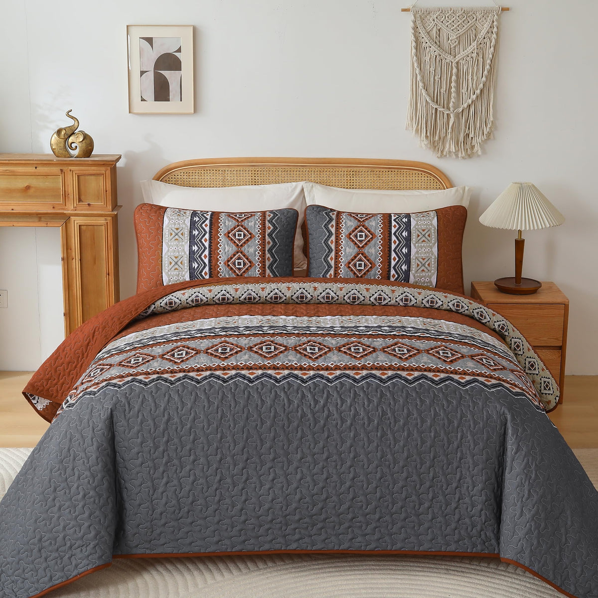 Queen Boho Quilt Set, Orange Grey Fall Thanksgiving Bedspread