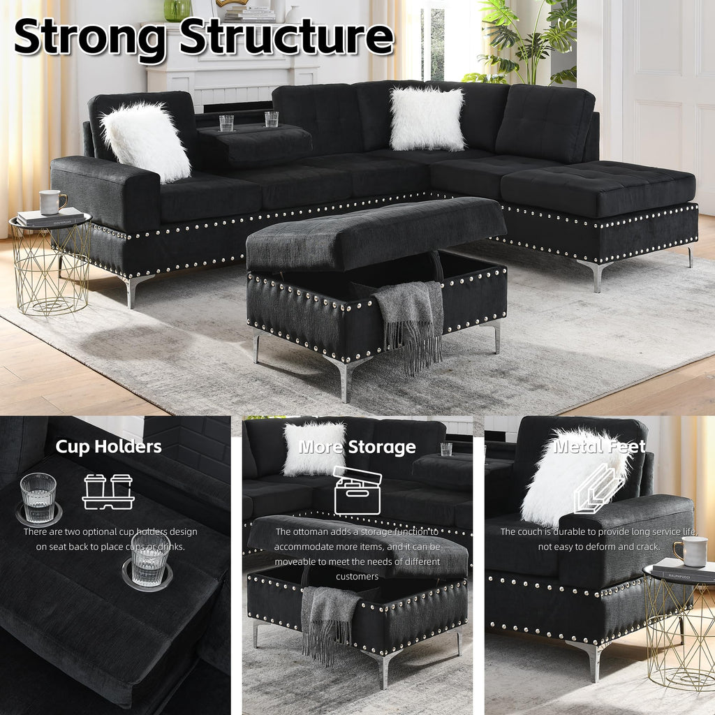 108'' Sectional Couches, Modular 5-Seater Couch Sofa with Reversible Chaise & Cup Holders, L-Shaped Corner Sofa with
