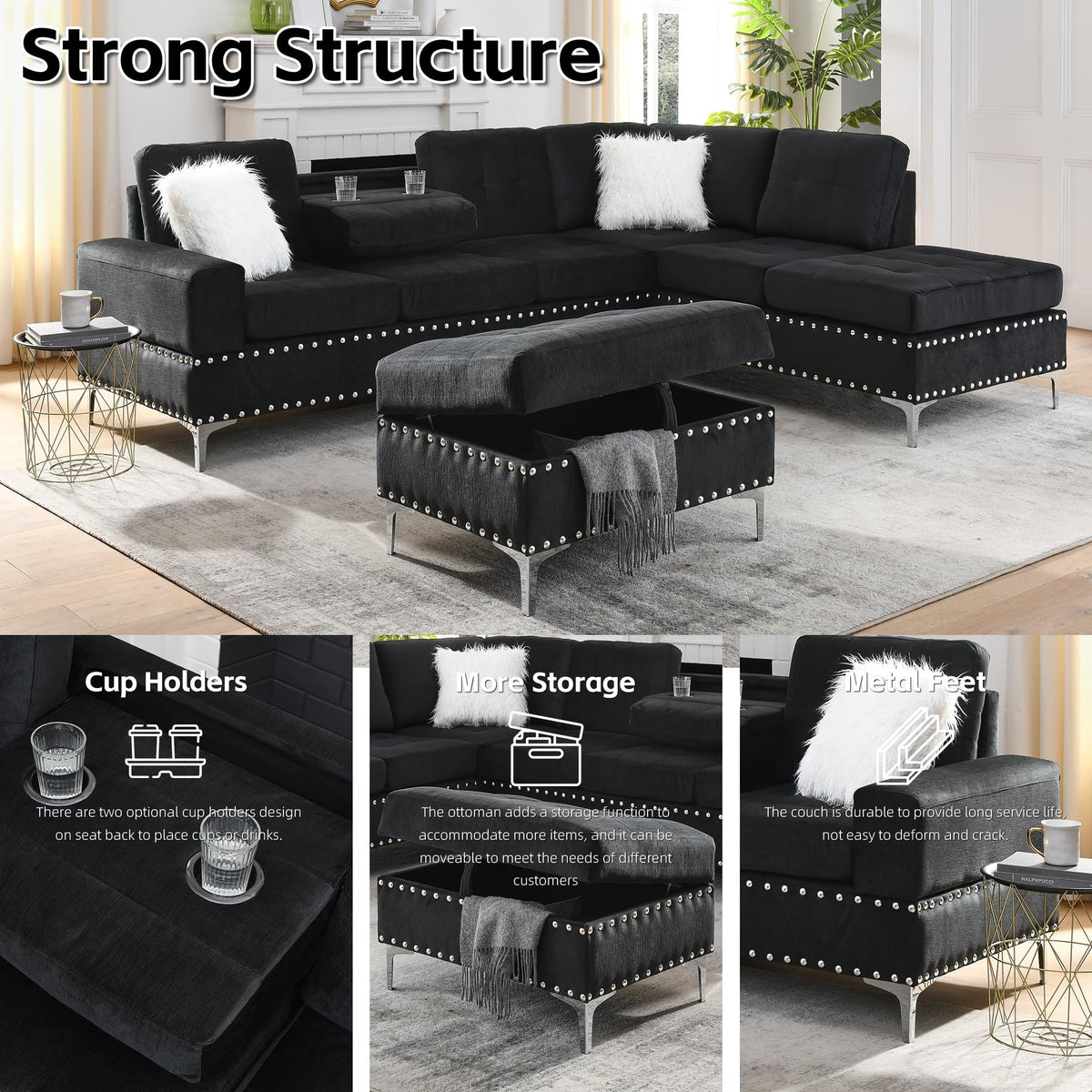 108'' Sectional Couches, Modular 5-Seater Couch Sofa with Reversible Chaise & Cup Holders, L-Shaped Corner Sofa with