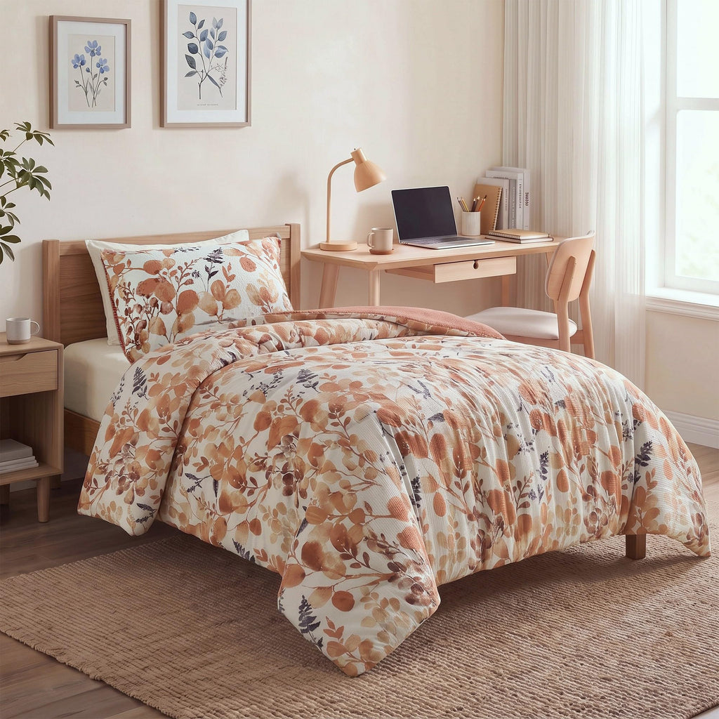 Lightweight Seersucker Botanical Comforter Set, 2 Pieces Reversible Design with Striped Print, Premium