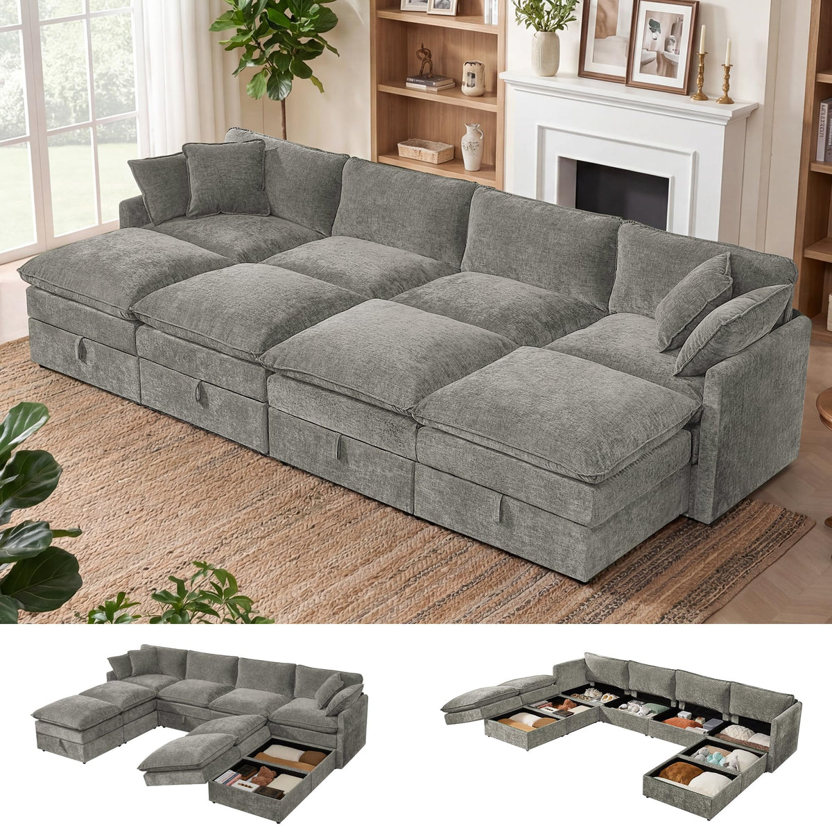 Modular Sectional Sofa Bed with Storage Ottomans, 135" Cloud Couch, 6-Seater Comfy Modern Couches with Pillows &