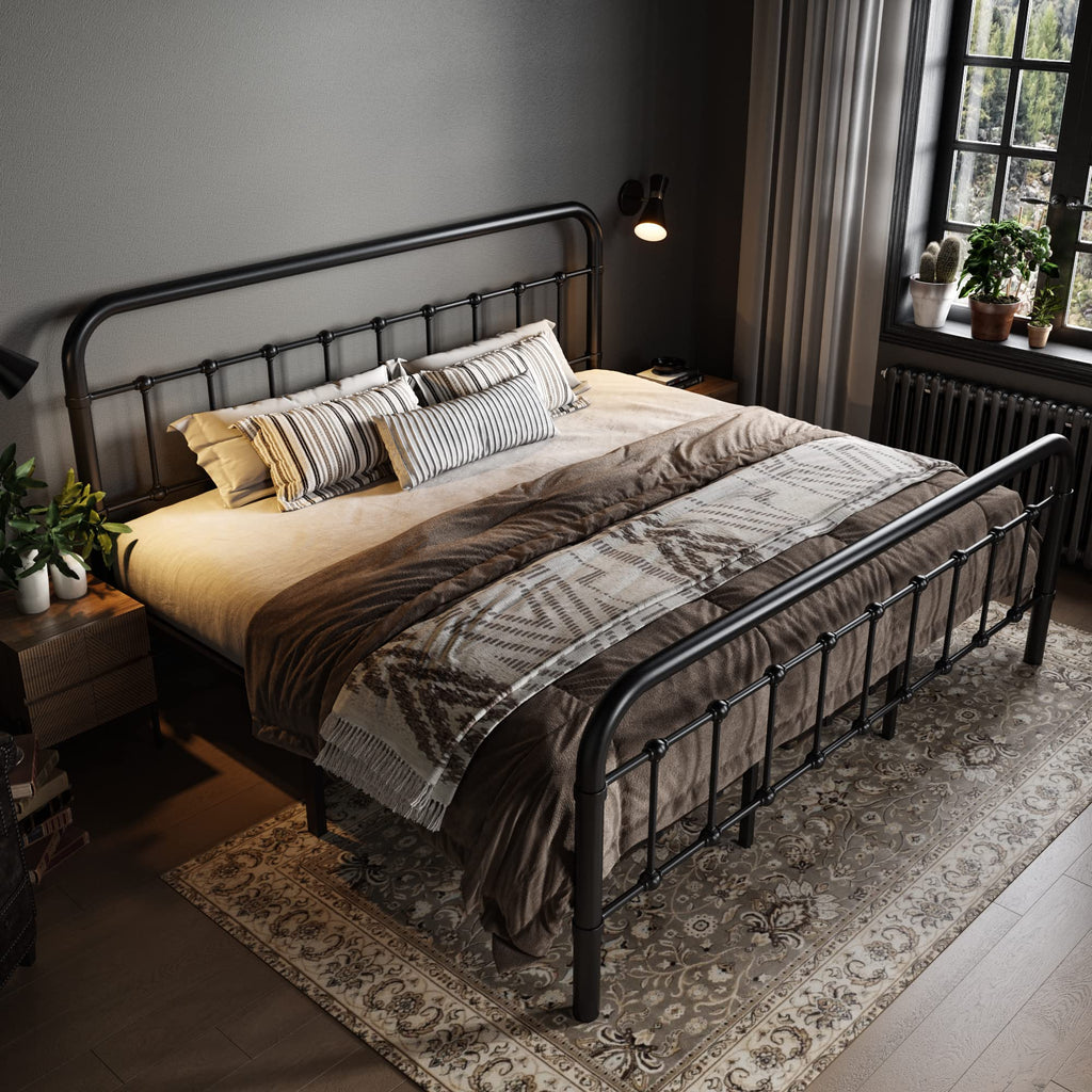Metal Bed Frame with Victorian Iron-Art Headboard, Black