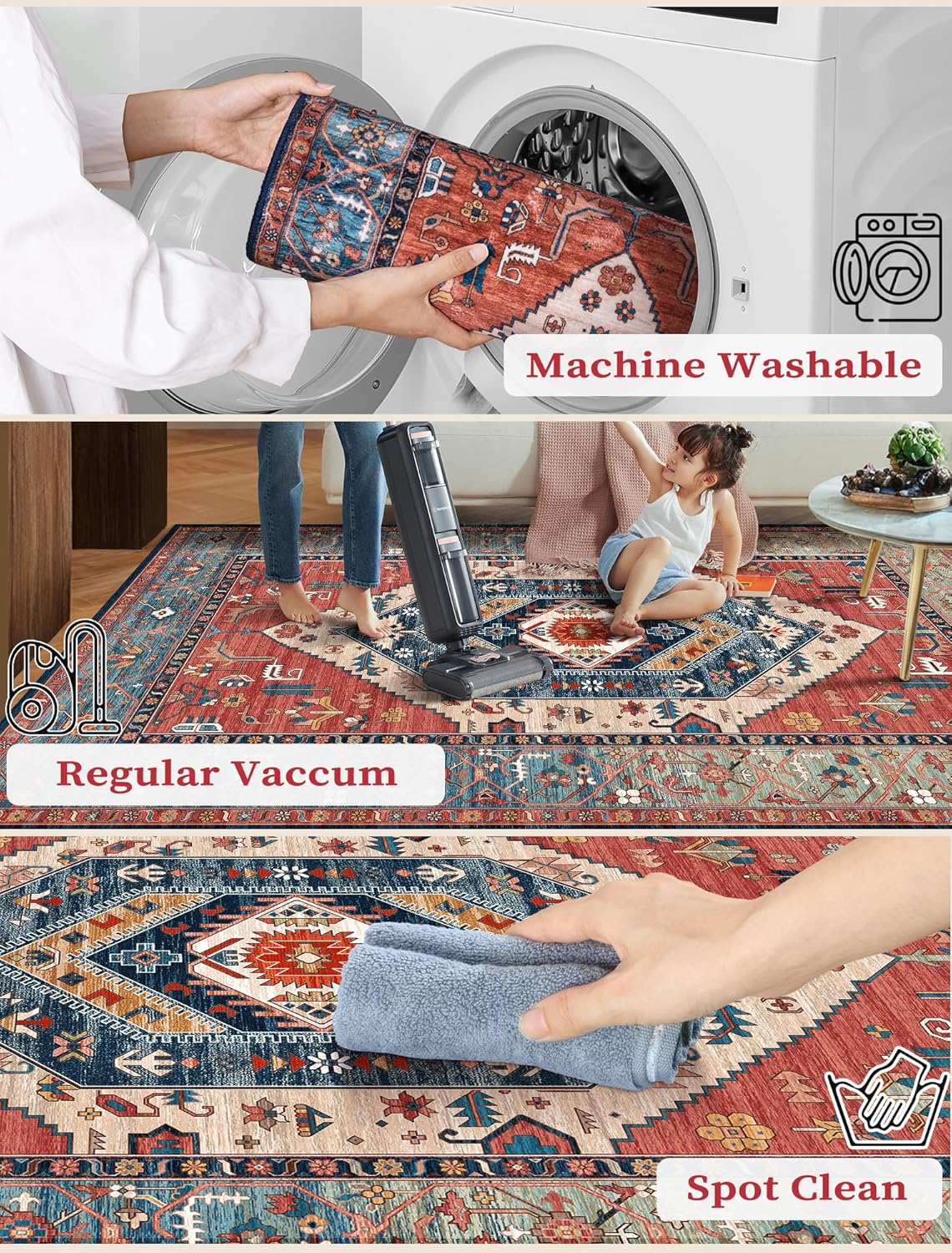 Runner Rug for Hallways, Washable Non Slip Boho Kitchen Runner Rug, Vintage Rust Ultra Soft Print Distressed