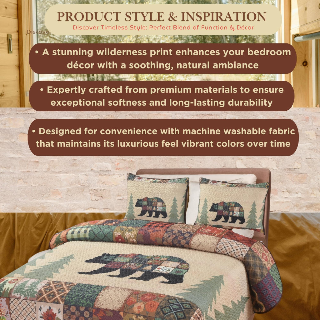 Bear Themed King Quilt Coverlet Set - Rustic Cabin Bedding