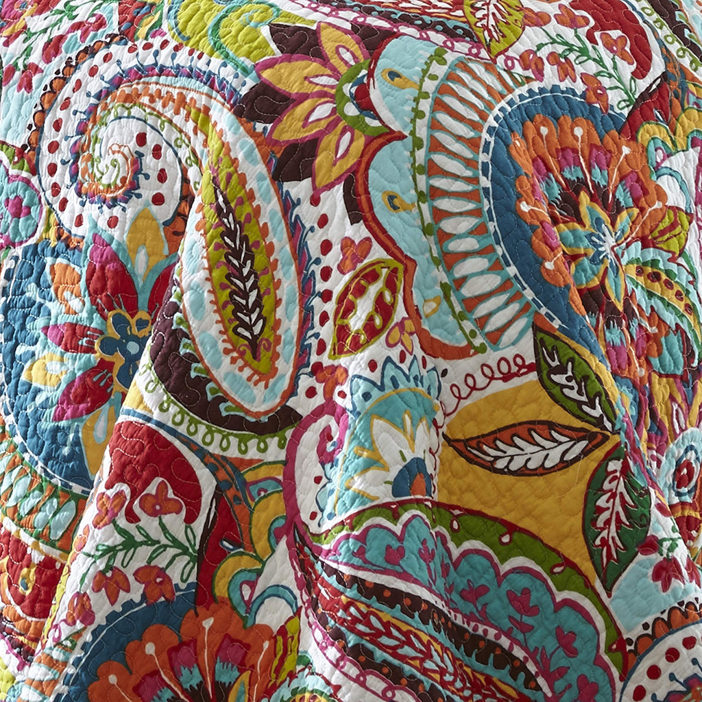 Rhapsody Quilt Set - King Quilt + Two King Pillow Shams - Paisley in Yellow Orange Red Green Blues - Quilt Size (106