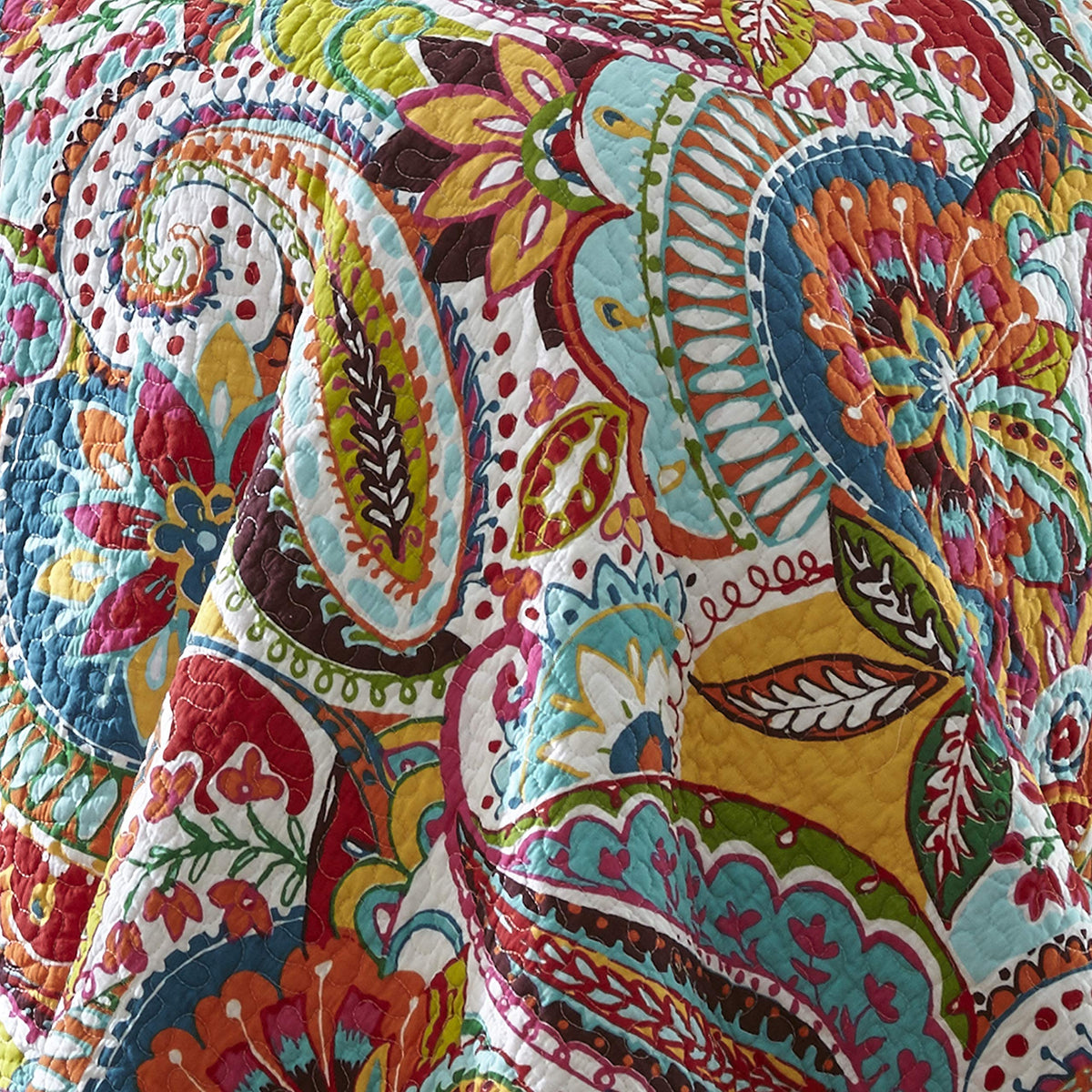 Rhapsody Quilt Set - King Quilt + Two King Pillow Shams - Paisley in Yellow Orange Red Green Blues - Quilt Size (106