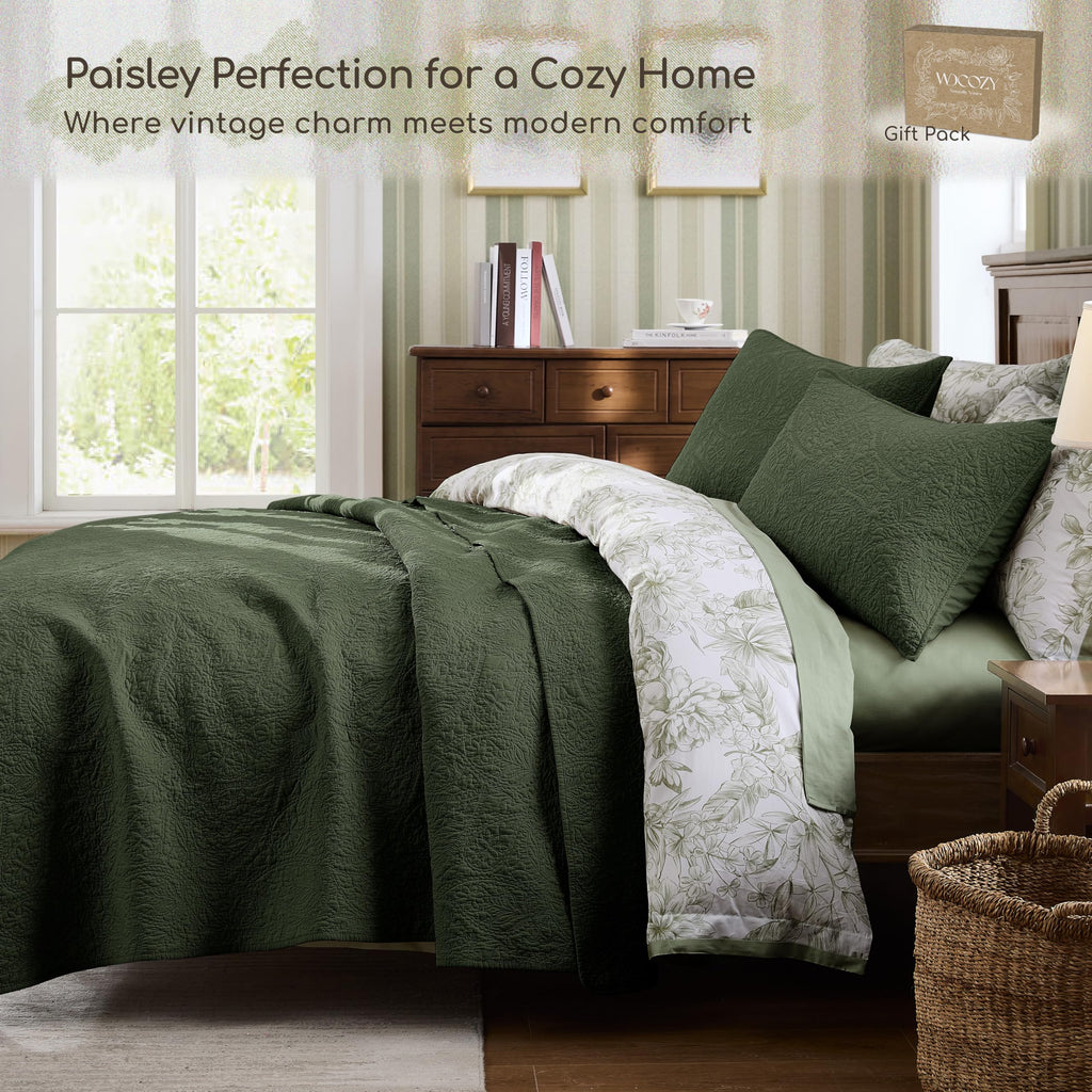 Twin 100% Cotton Paisley Quilt Bedding Set Olive Green Comforter