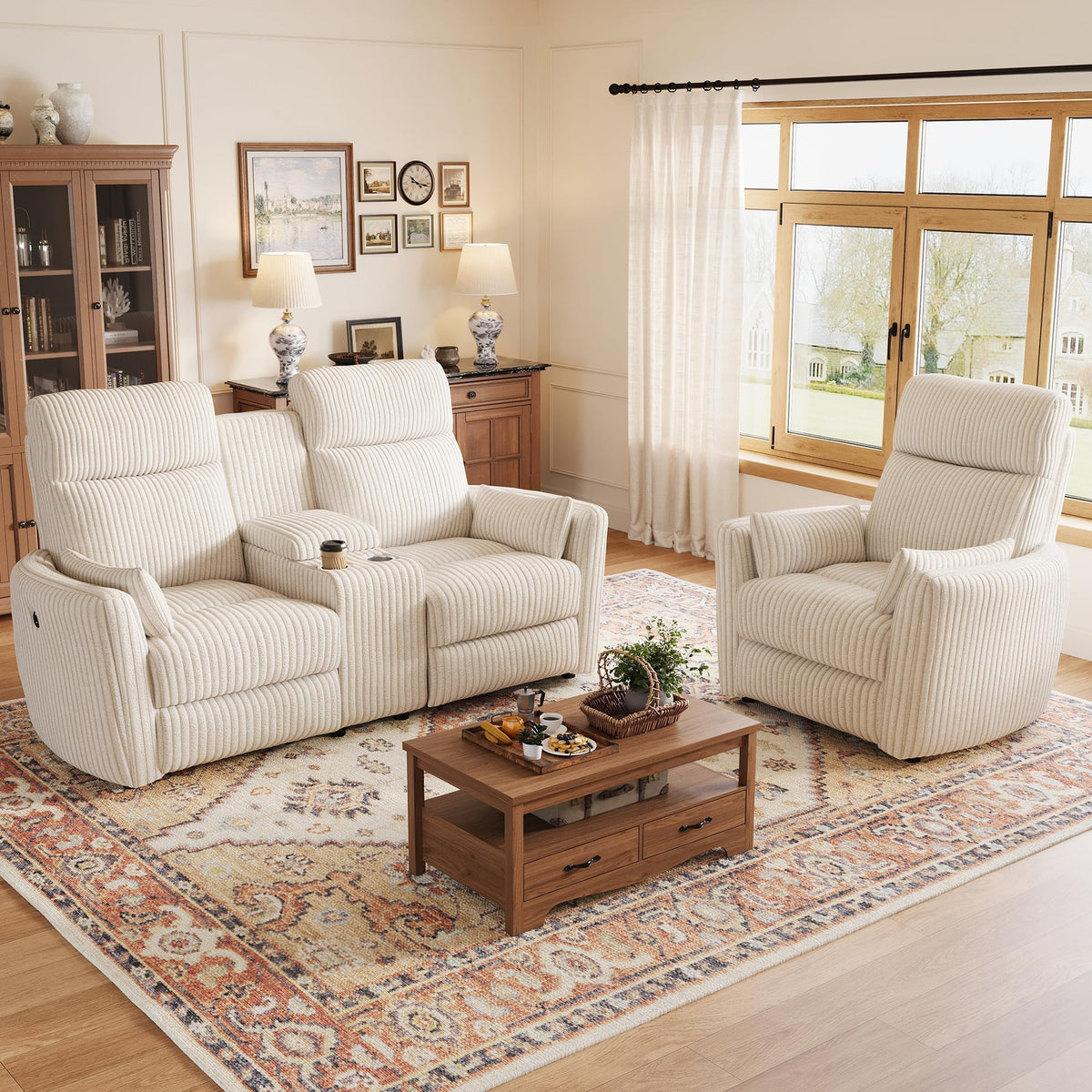 Modular 2-Seater Recliner Sofa Set with Matching Chair, Manual Corduroy Living Room Sectional with Hidden Storage