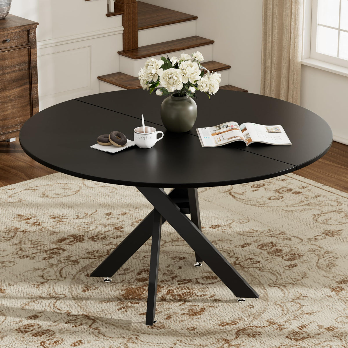 Inspired Saarinen Style 47" Modern Round Kitchen Table for 2-6, Save Space Black Wooden Circle Dining Table with Wooden Table Top &