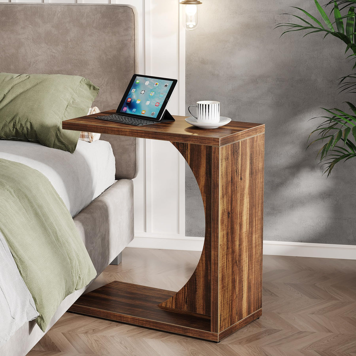 C-Shaped End Table for Couch, Sofa Side Table, C Table for Small Space, Living Room, Bedroom (1, Rustic Brown)
