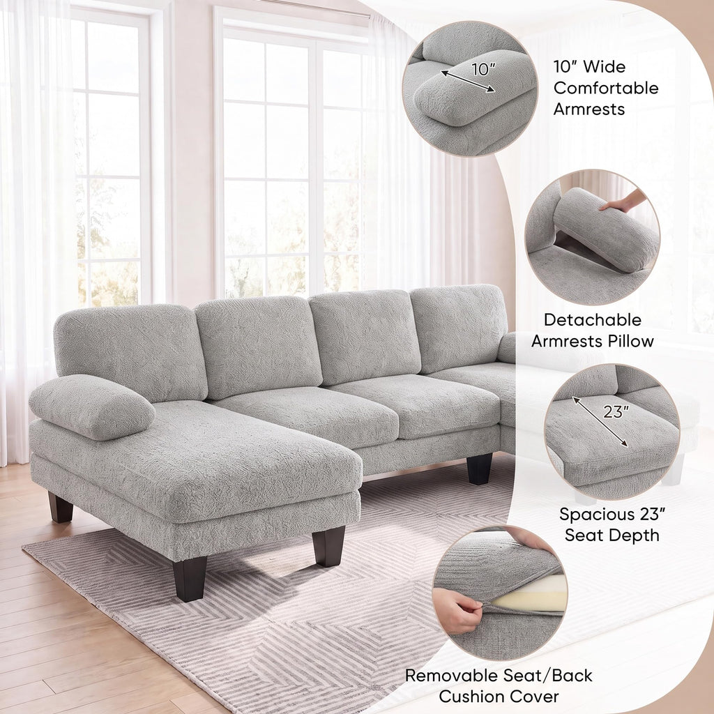 105" U-Shaped Sectional Couches, Sofa Couch with Double Chaise, Grey