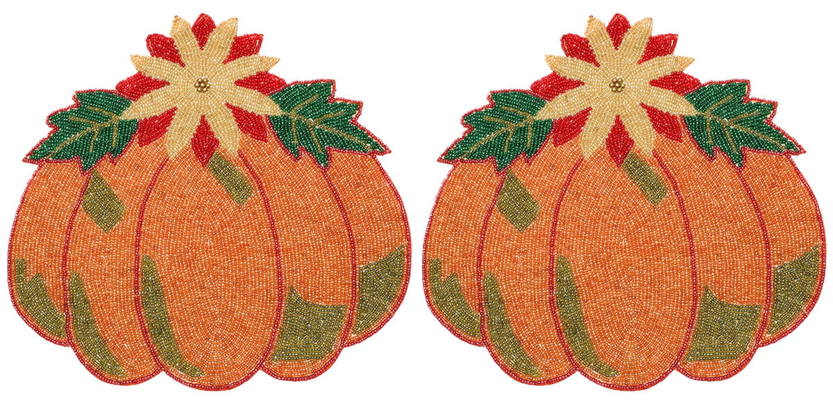 Lightnpro Beaded Pumpkin Placemats Set of 2 - 13 Inch Round Multicolor Charger Mats, Handcrafted Artisan Table