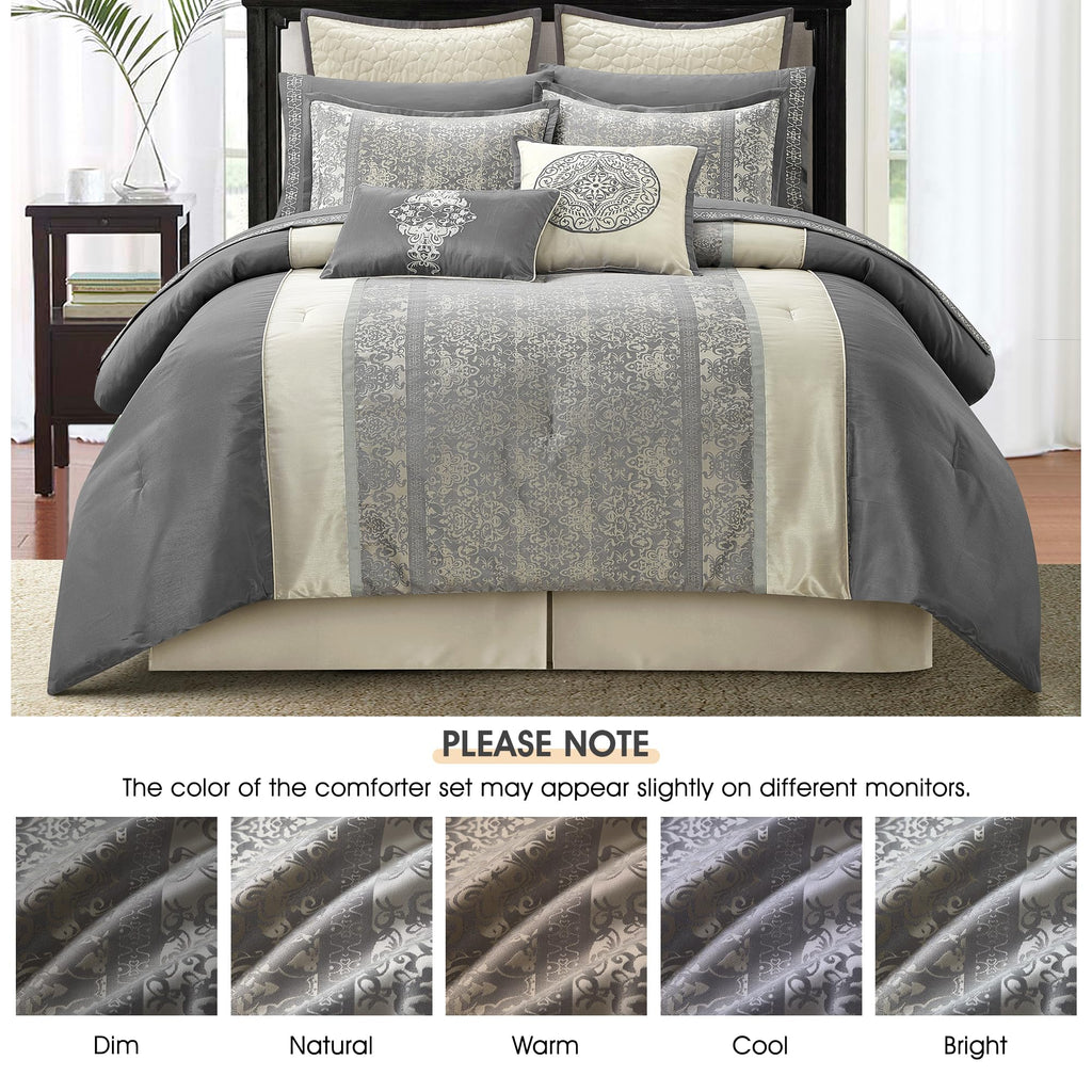 Comforter Set, Grey Beige, Traditional Jacquard Woven with Embroidery, 12 Pieces Bedding Set with Sheets