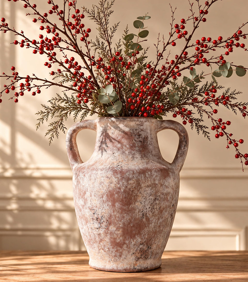 Ceramic Flower Vase with Handles, 8.66 inch Tall Clay Decorative Vases Farmhouse Rustic Vases Pottery Vases Decor