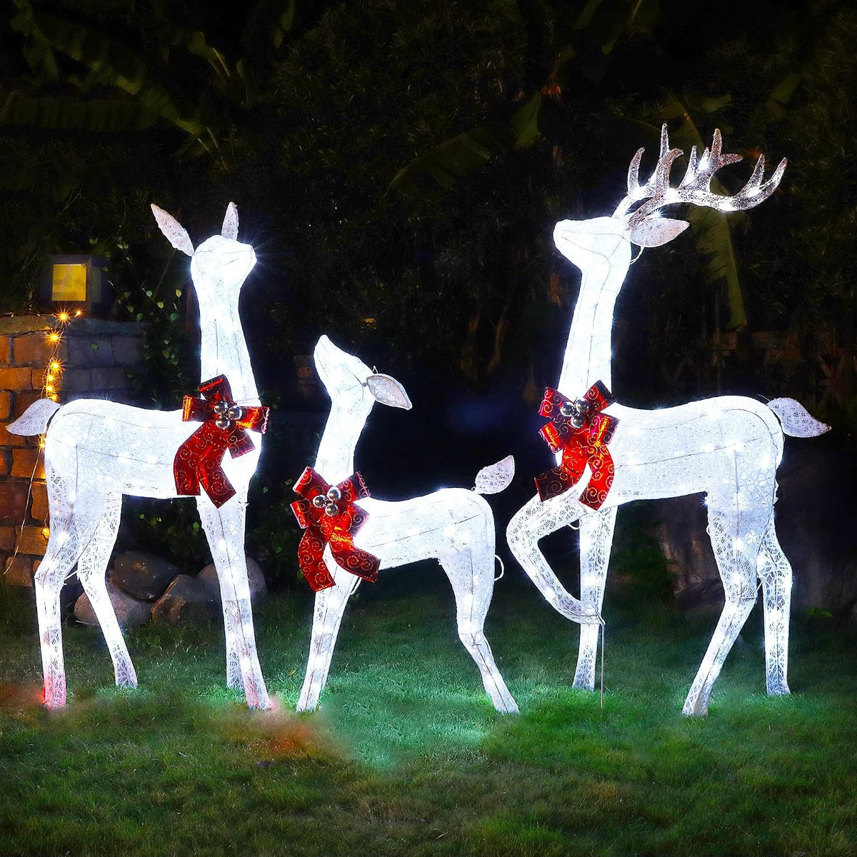 Home 3-Piece Pre-lit White Reindeer Christmas Yard Decoration