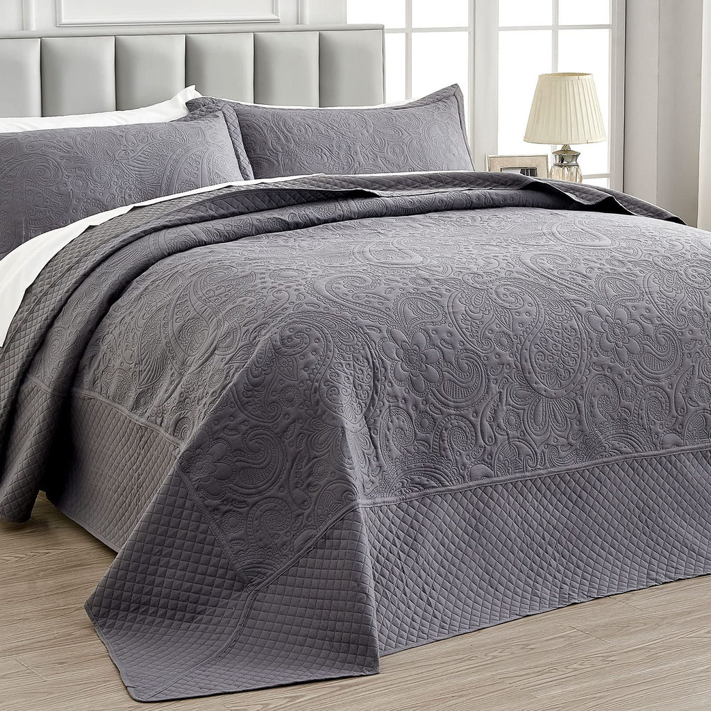 California King Bedspreads 128x120, Soft Microfiber Ultrasonic Lightweight Dark Grey Oversized King Quilt, 3 Piece