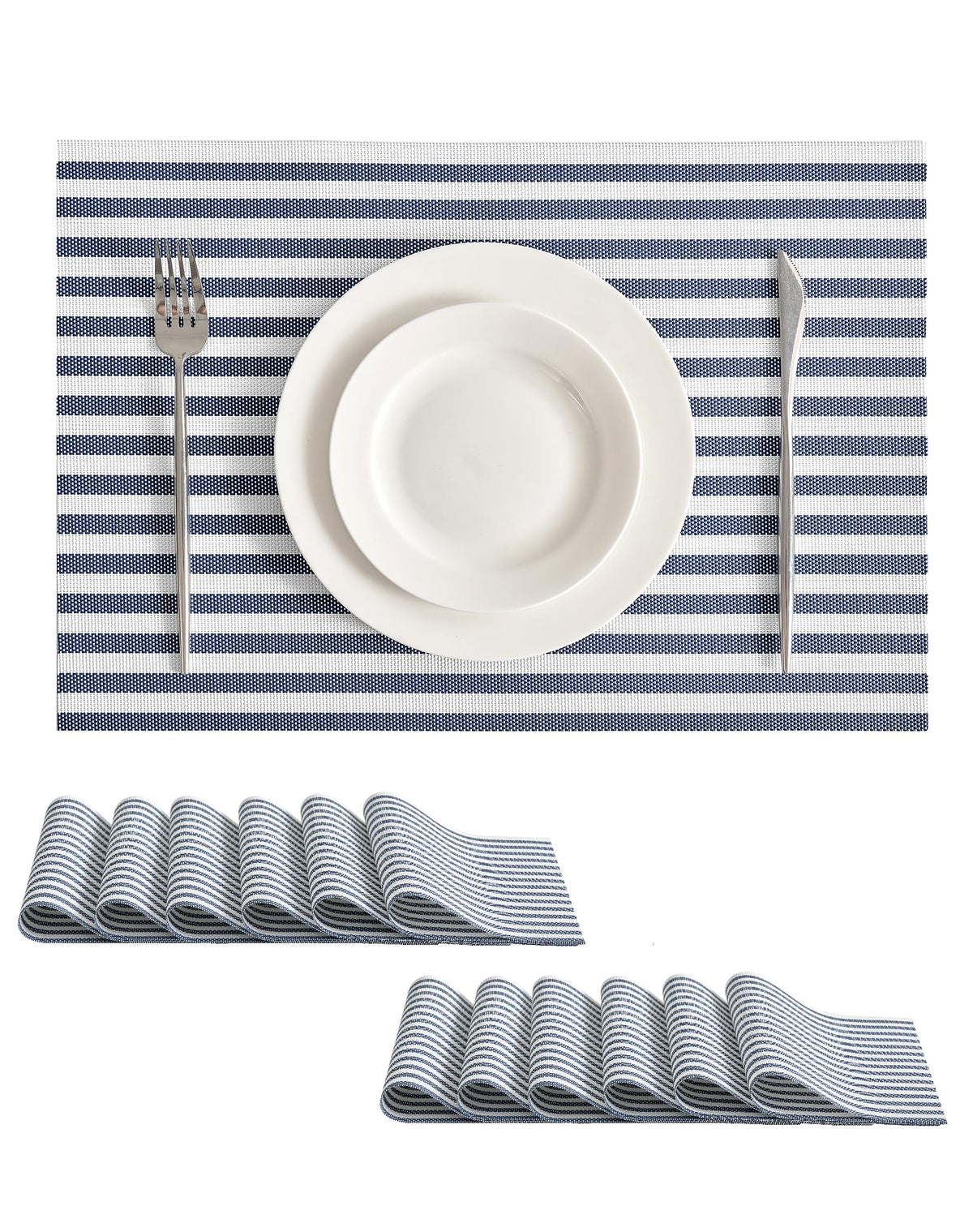 Blue White Striped Woven Vinyl Placemats Set of 12