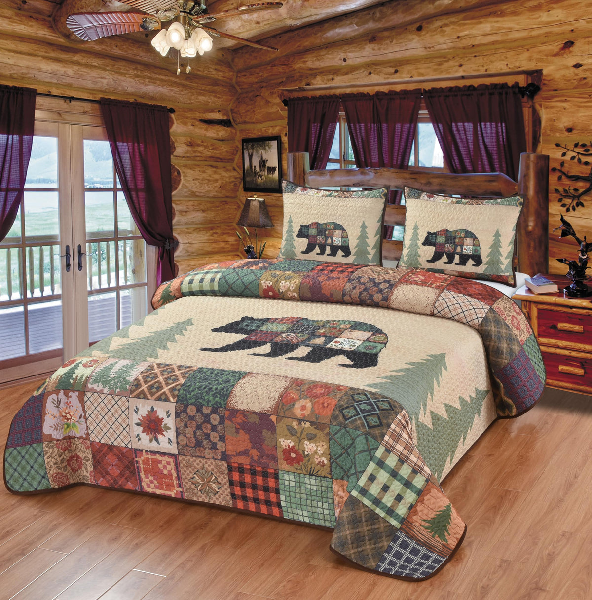Bear Themed King Quilt Coverlet Set - Rustic Cabin Bedding