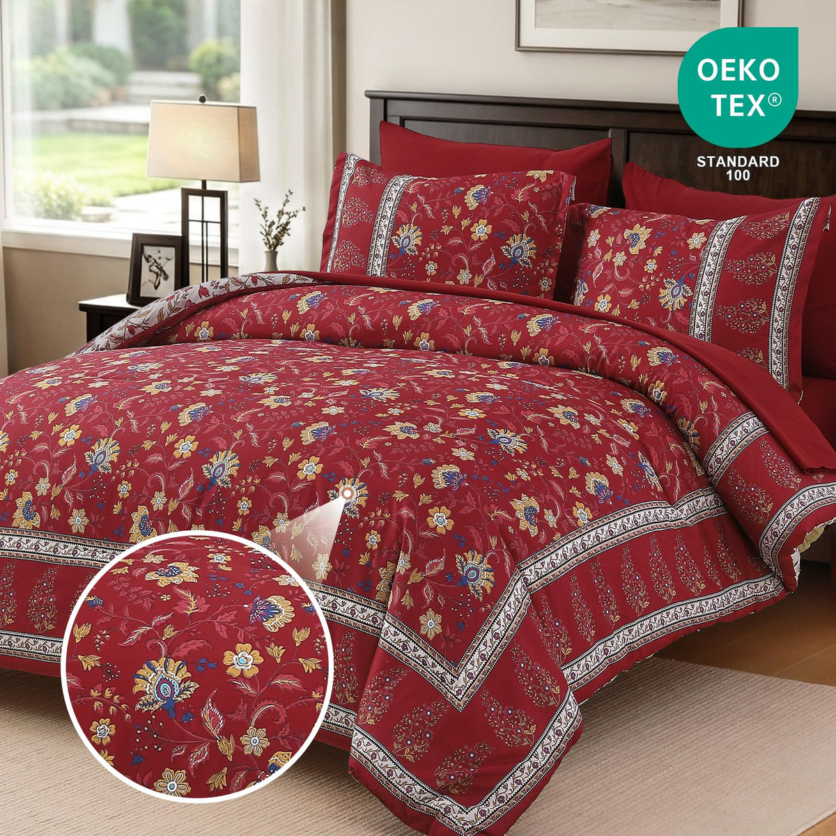 Comforter Set Queen Size Boho, Reversible Burgundy Bedding Paisley Floral