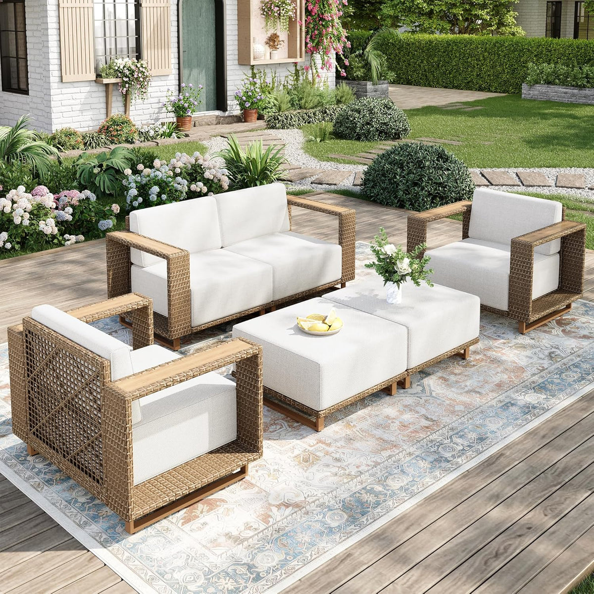 6-Piece Rattan Outdoor Patio Furniture Set - Conversation for Backyard, Garden & Porch