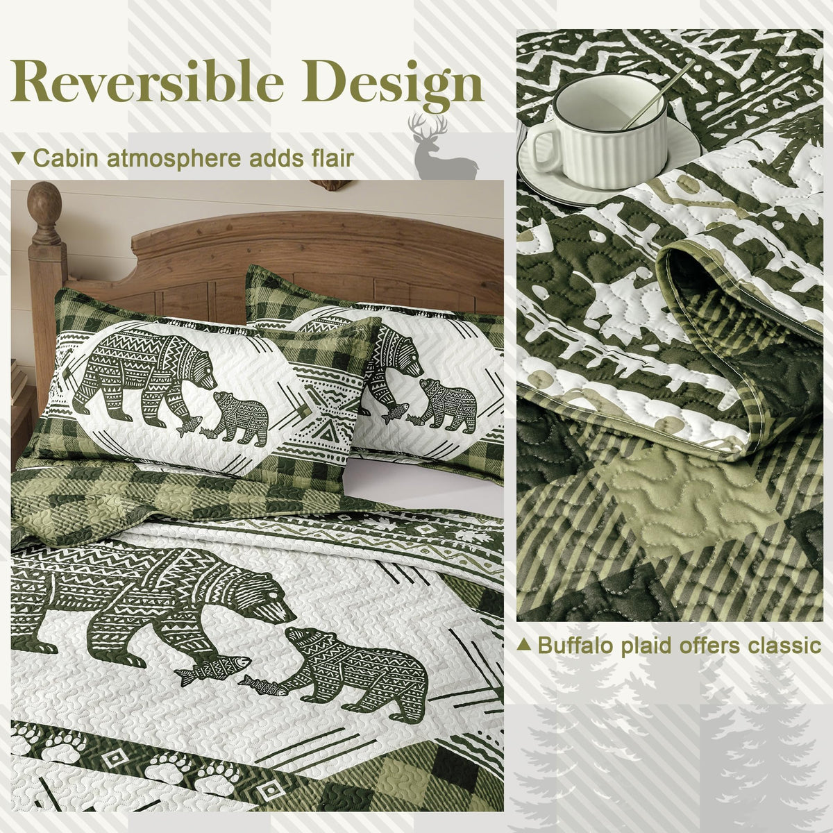 3 Piece Cabin Quilt Sets Farmhouse Rustic Reversible Microfiber Soft Lightweight Bedspread Comforter with 2