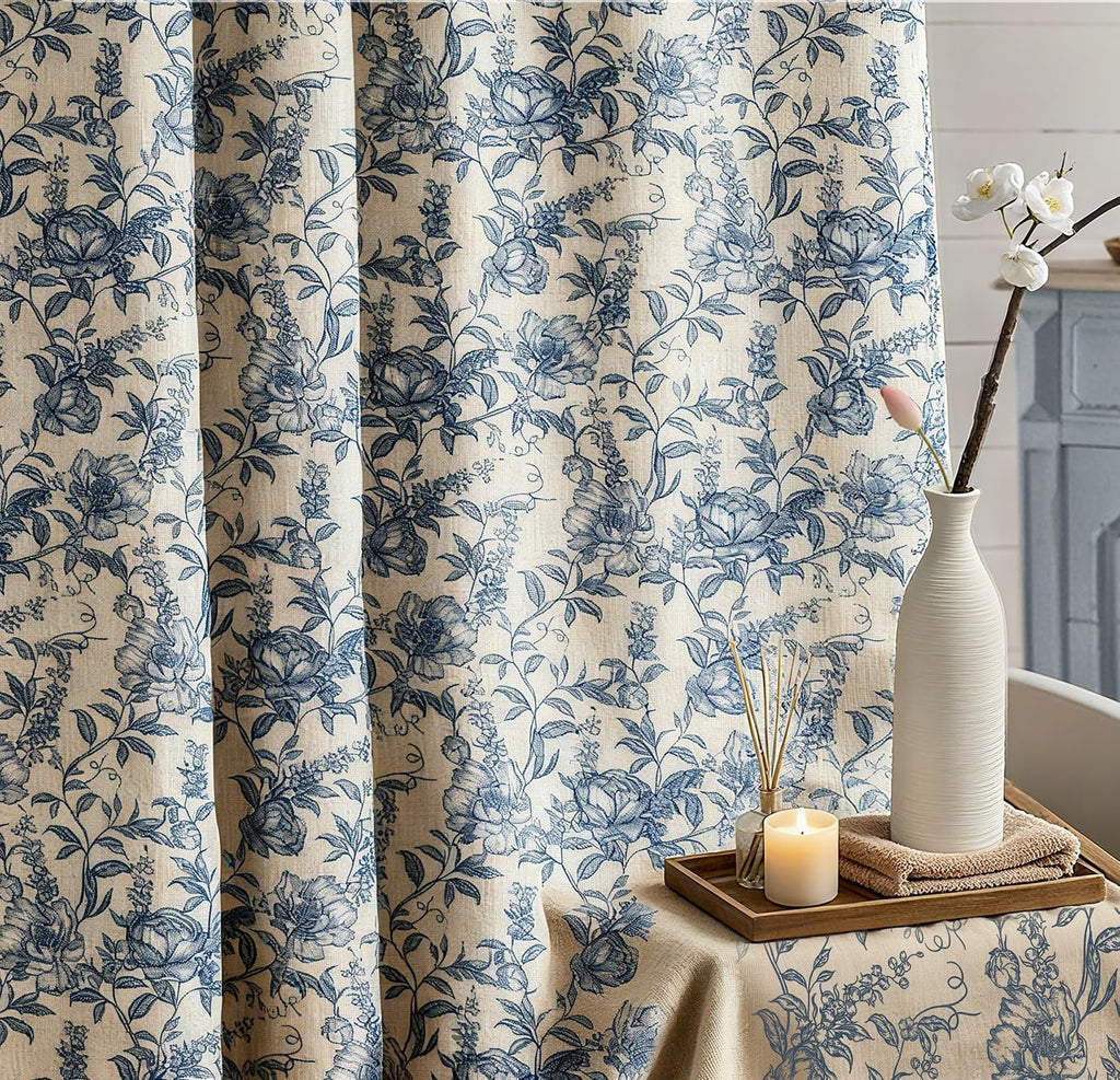 Farmhouse Blue Floral Shower Curtain with 12 Clear Rings 72"W x 84"L