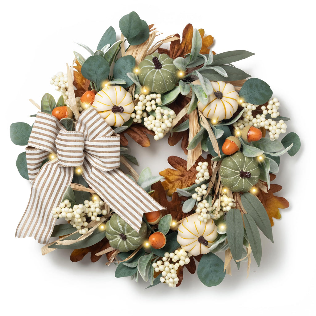 24'' Fall Wreaths for Front Door with LED Lights