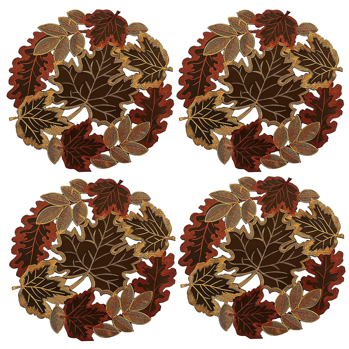 Embroidered Fall Placemats Set of 4, 15 in, Thanksgiving Round Table Mats