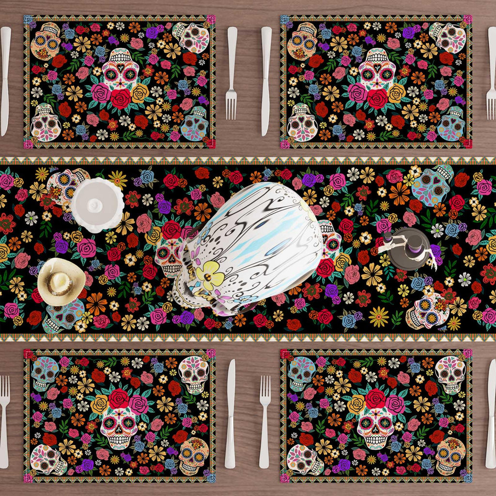 Day of The Dead Flowers Placemats Set of 6 Table Decor12x18 Inch