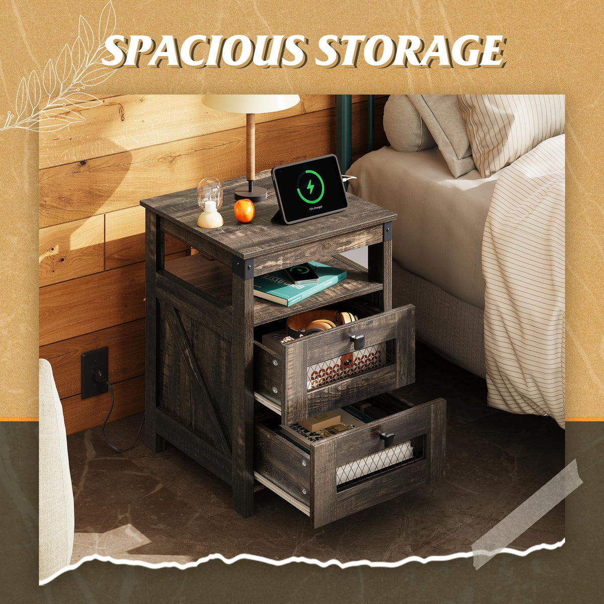 Night Stand with Charger Station, End Tables Bedroom, Bed Side Table with 2 Wooden Storage Drawers, Farmhouse