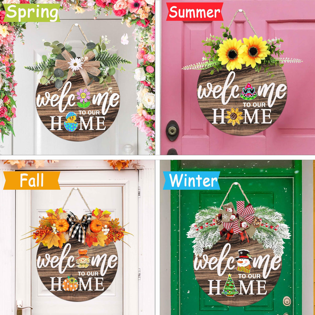 Interchangeable Welcome Sign for Front Door with 4 Seasonal Wreaths 21 Changeable Icons, Farmhouse Rustic Outdoor